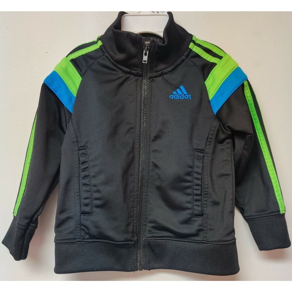 Adidas Track Jacket Toddler 18 Months Trefoil Full Zip Green Blue Stripes Neon